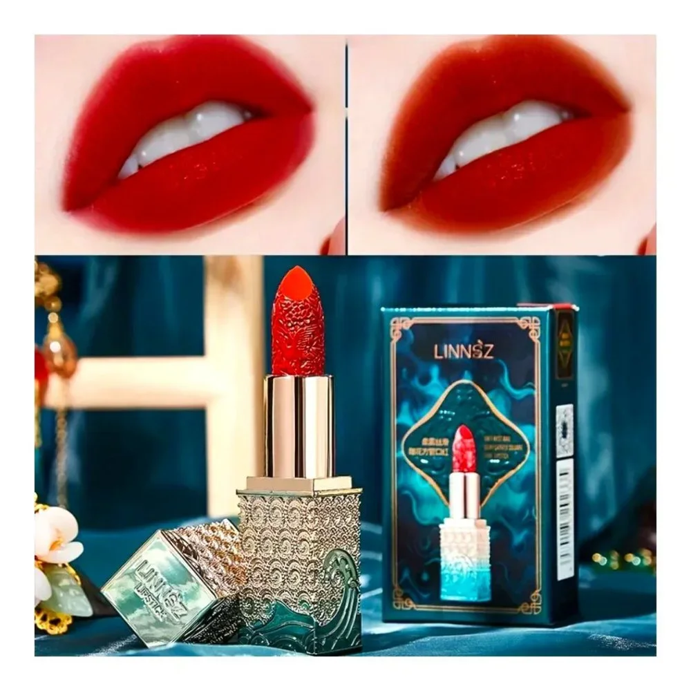 Luxury Blue Silver Ocean Cased Carved Velvet Red Tomato & Brown Lipsticks - Picture 3 of 13